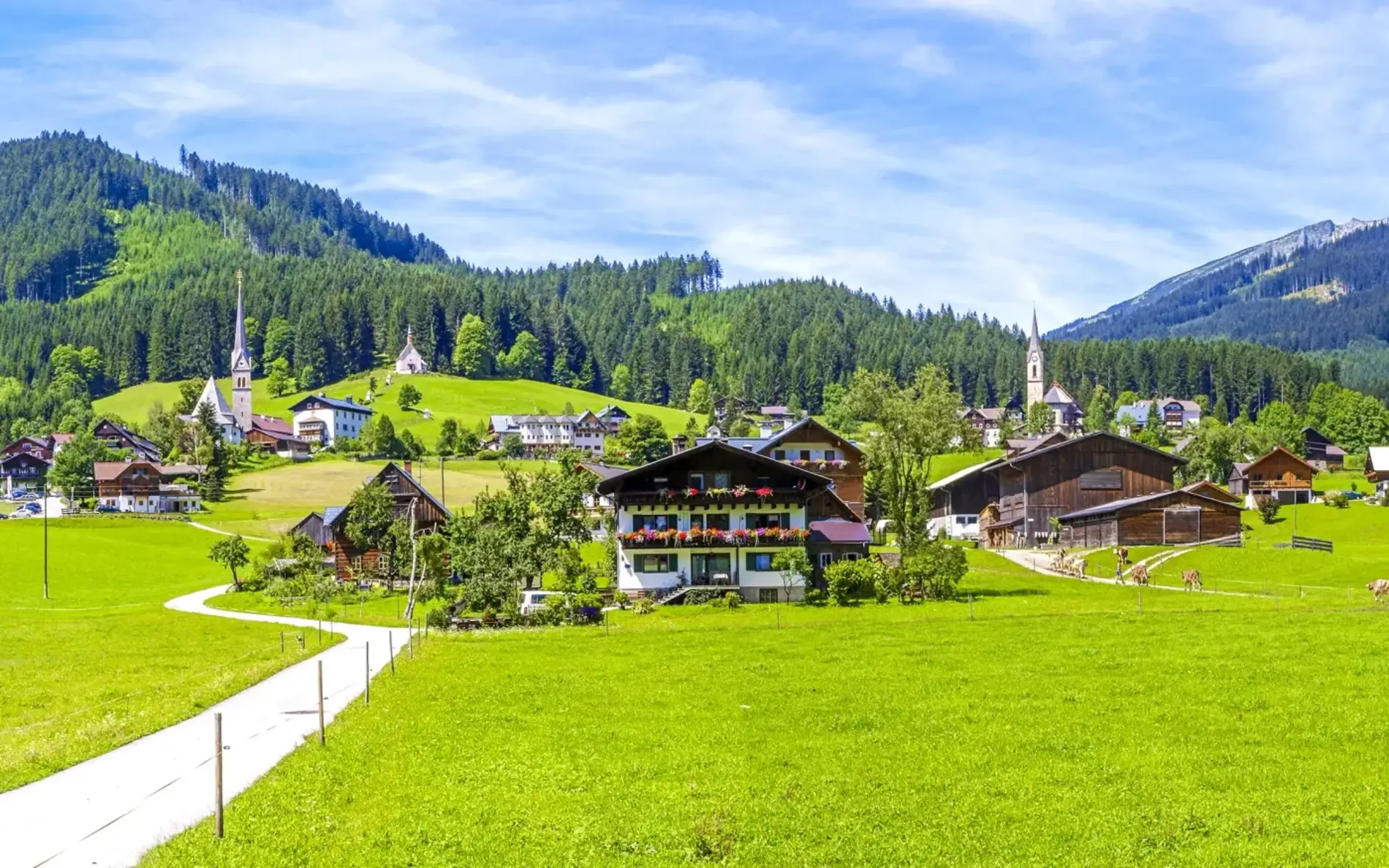 Eine Gemeinde in den Bergen mit Wiese im Vordergrund und Wald im Hintergrund